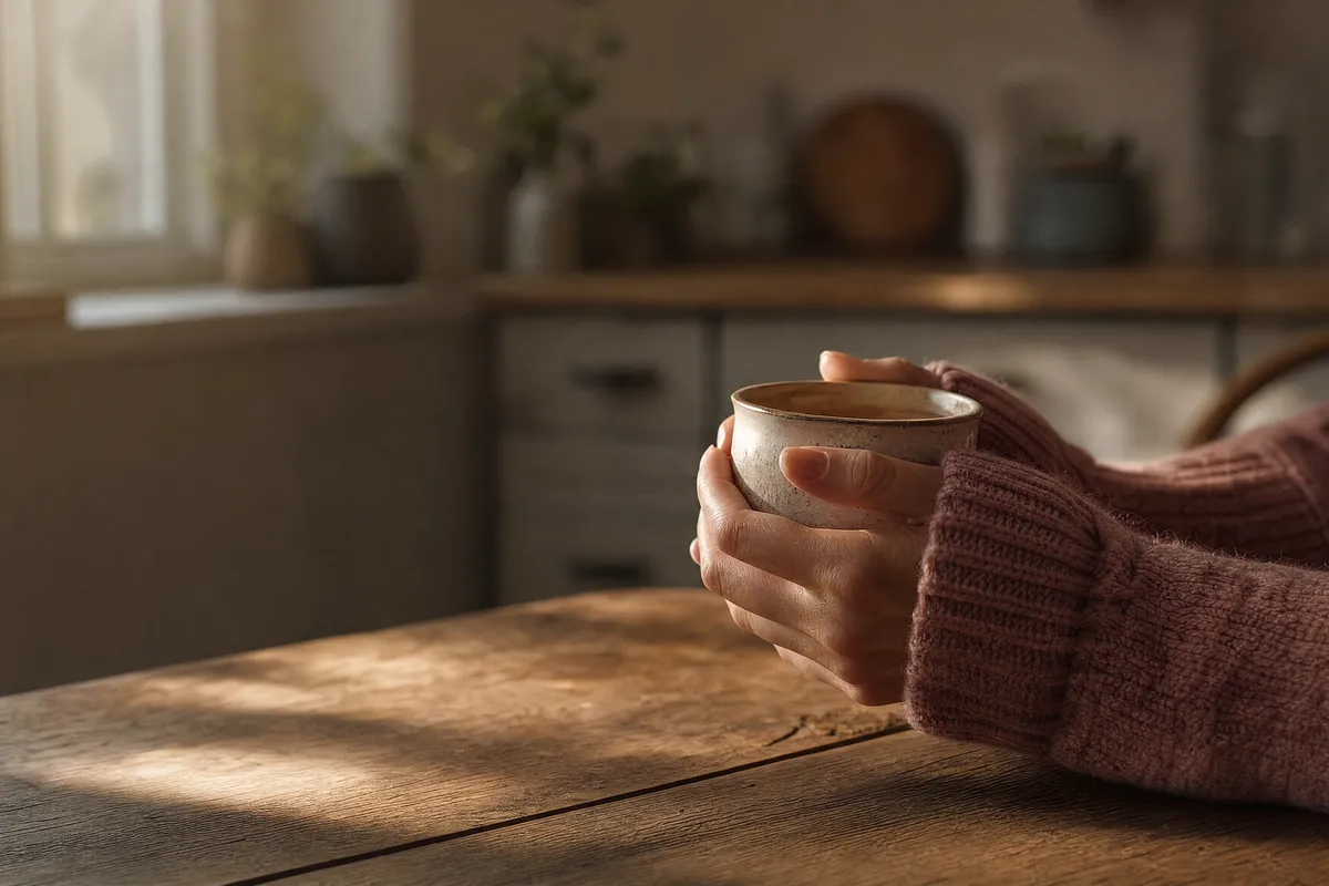 Händer runt en varm kopp kaffe