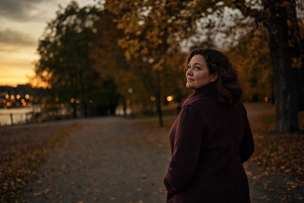 Kvinna på kvällspromenad i en park i Stockholm
